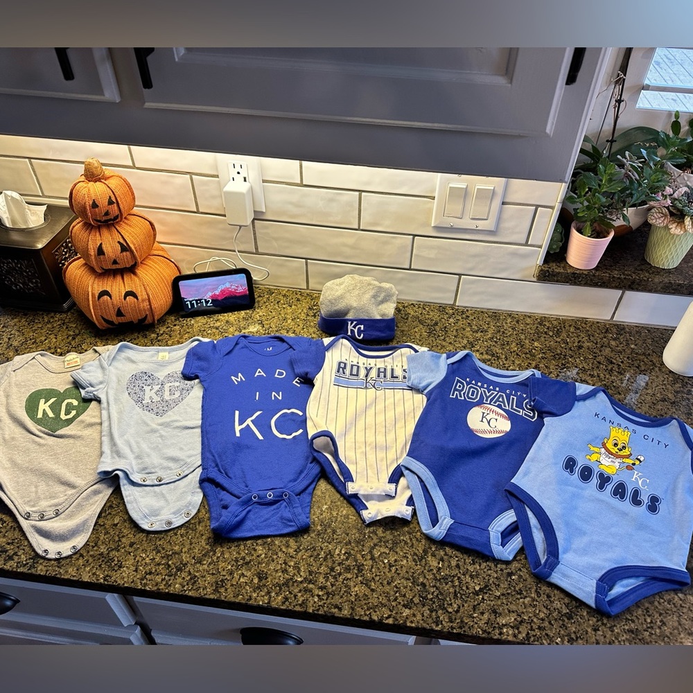 6 assorted Kansas City and KC Royals baby onsies